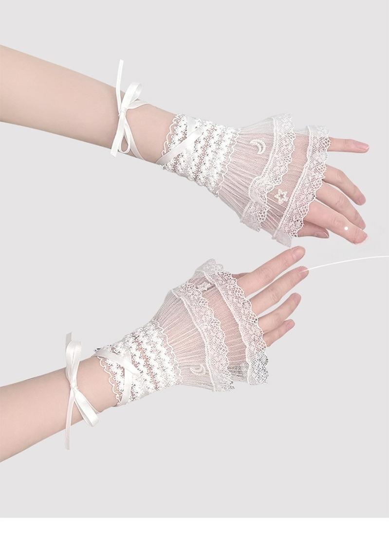 Hua Nai Cat - Star and Moon - Bridal Lolita Cuffs White and Black Ballet Style Lace Cuffs