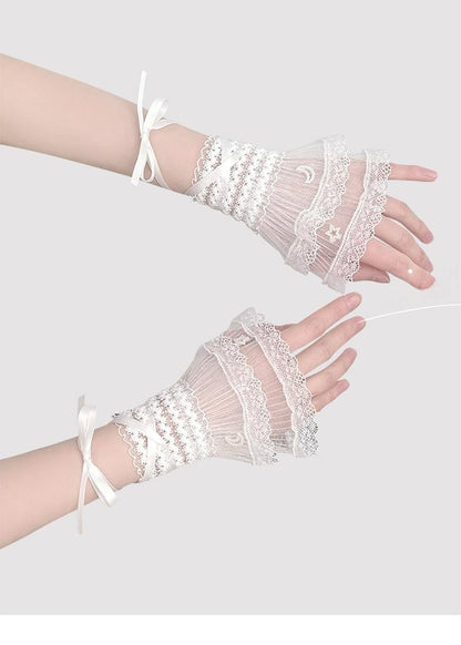 Hua Nai Cat - Star and Moon - Bridal Lolita Cuffs White and Black Ballet Style Lace Cuffs