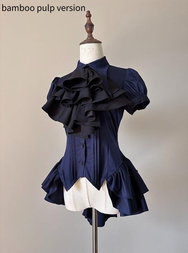 FlowerFairyDaily - Midnight Prayer - Solid Lolita Shirt with Flowing Tiered Back Hem