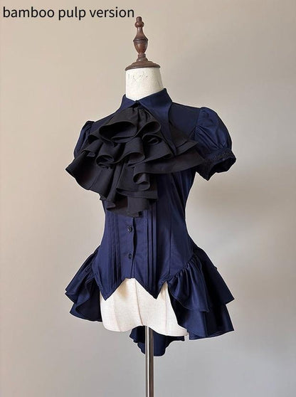 FlowerFairyDaily - Midnight Prayer - Solid Lolita Shirt with Flowing Tiered Back Hem