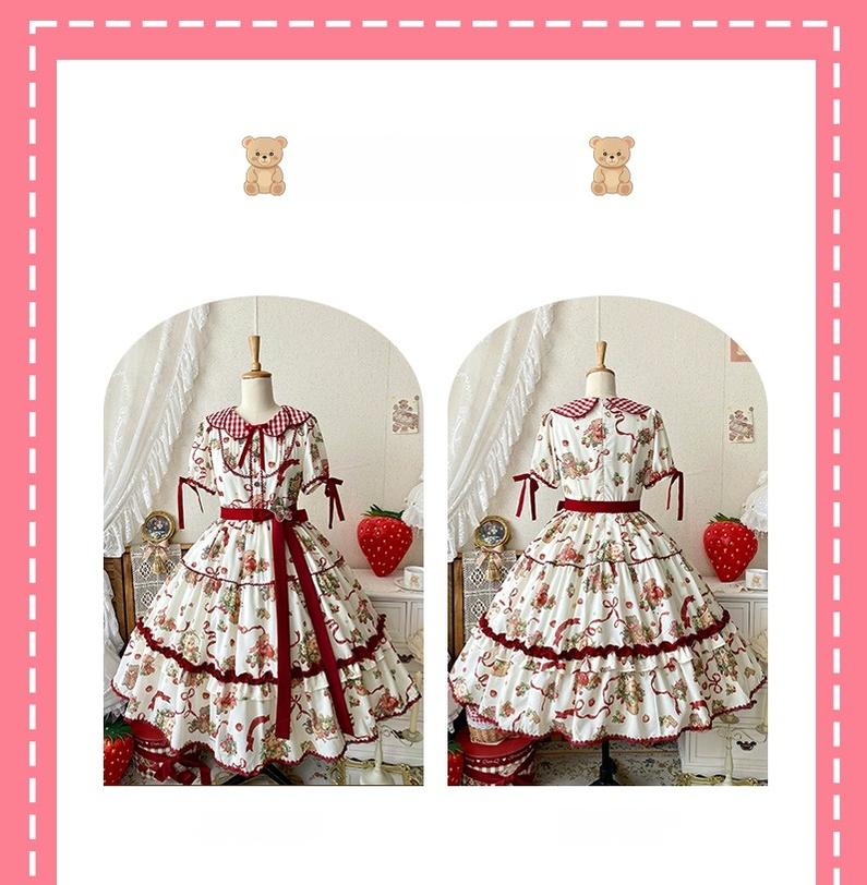Qianmu - The Bear's Strawberry Field - Daily Lolita OP Dress With Petal Collar & Bear Strawberry Print