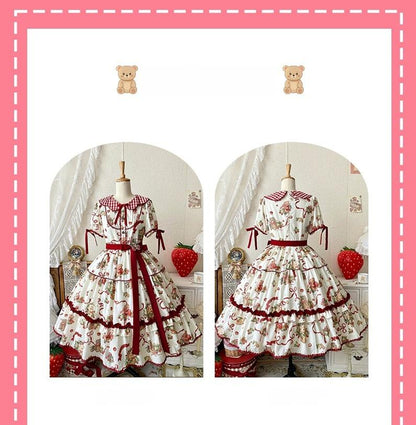 Qianmu - The Bear's Strawberry Field - Daily Lolita OP Dress With Petal Collar & Bear Strawberry Print