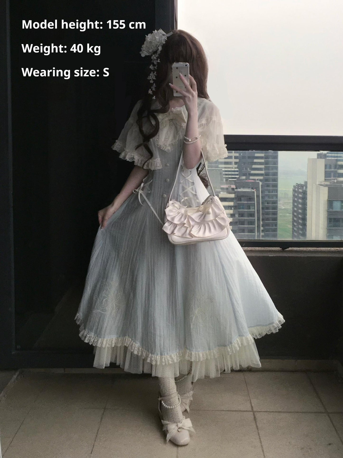 Kuma - Little Wind Chime - Elegant Lolita OP Water Blue Dress With Decorative Tulle Cape