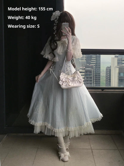 Kuma - Little Wind Chime - Elegant Lolita OP Water Blue Dress With Decorative Tulle Cape