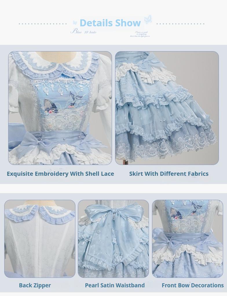 Honey Machine - Blue Whale - Sweet Lolita OP Suit Tiered Ruffle Dress with Shell Lace