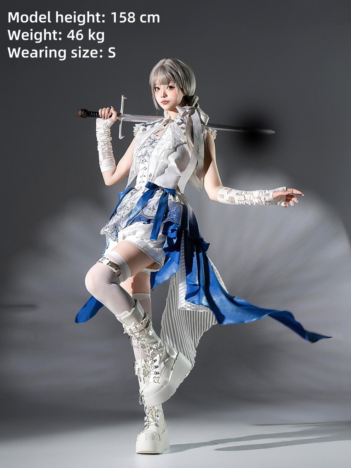 Designer's Gift - Blue Dragon Bone - Ouji Lolita Shorts Suit with Embroidery and Trailing