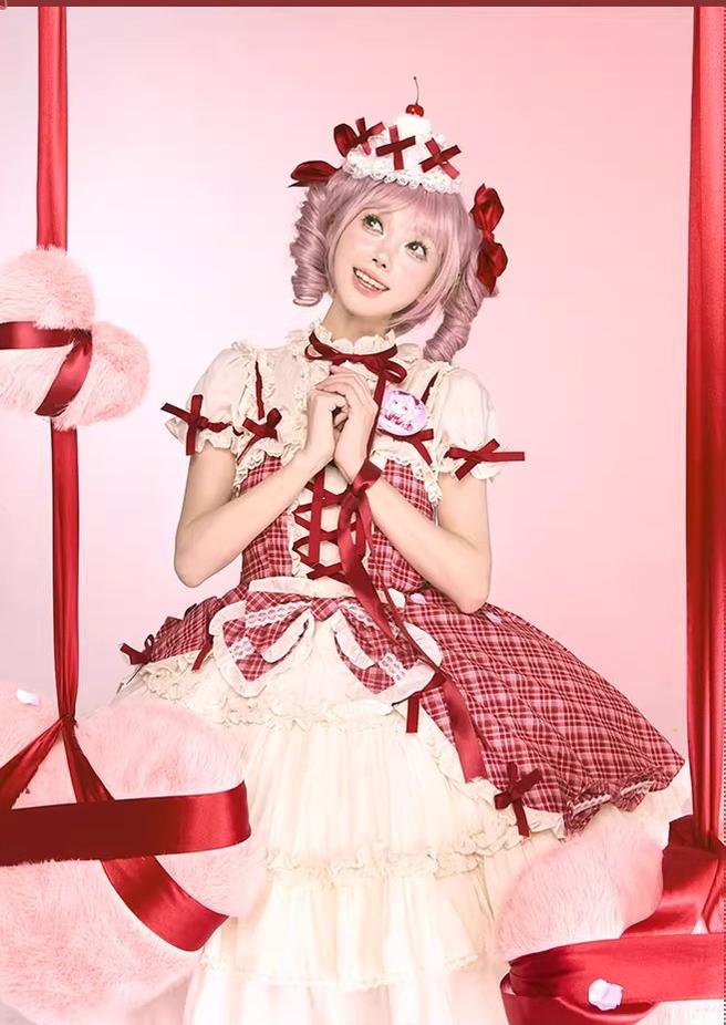 Confession Balloon - Red Plaid Cake Skirt - IP Collab Lolita Plaid JSK Dress