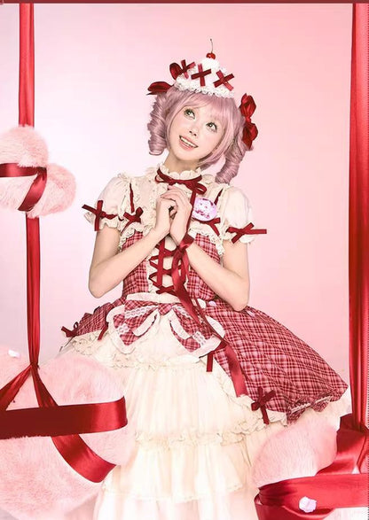 Confession Balloon - Red Plaid Cake Skirt - IP Collab Lolita Plaid JSK Dress