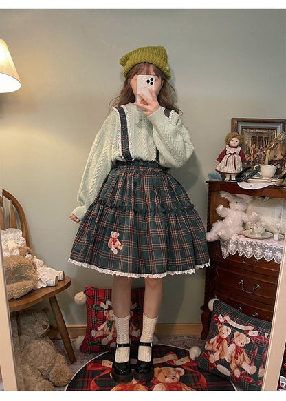 Labeau - Christmas Vintage Lolita Skirts Doll Collar Blouse Plaid Skirt Set