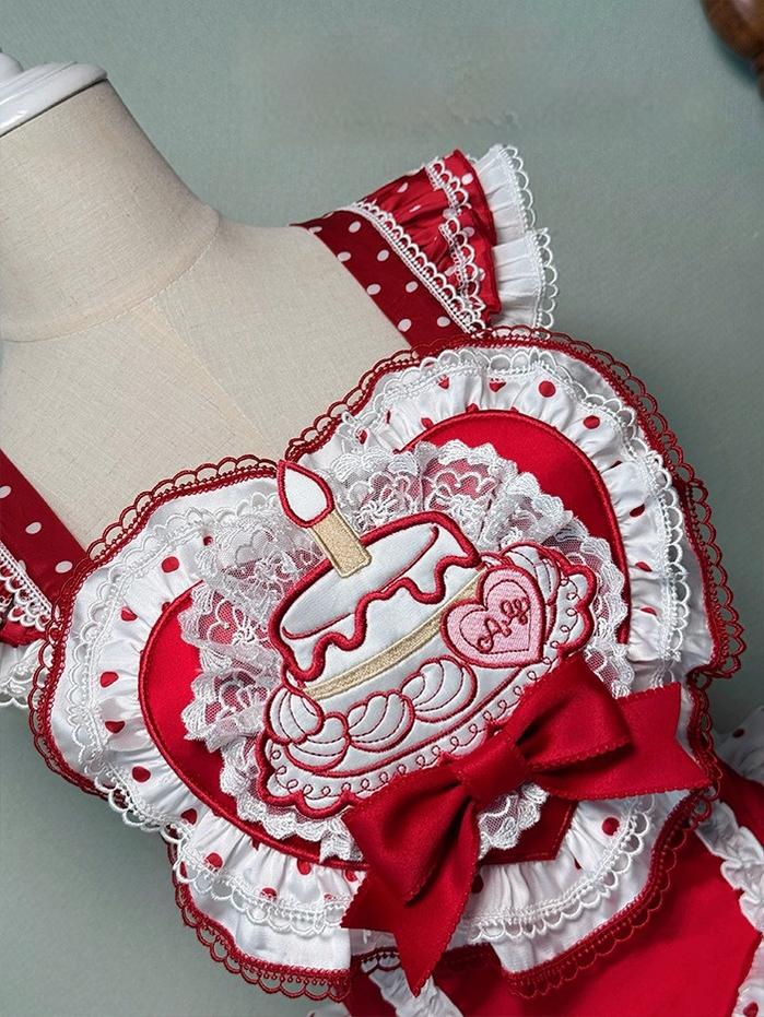 Shuang Sheng Xiao Xiong - Bite The Cake - Sweet Lolita Dress, Red & White Polka Dots