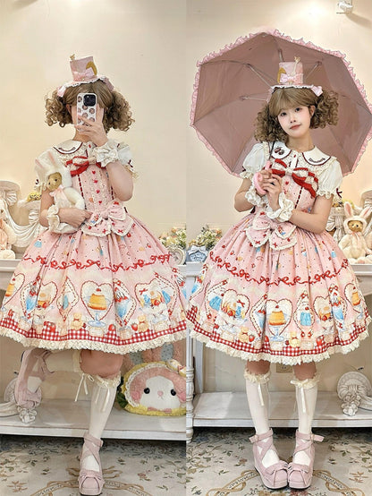 DreamWhale - Showa Dessert Showcase - Kawaii Lolita Dress Suit Pudding-Inspired JSK/Salopette