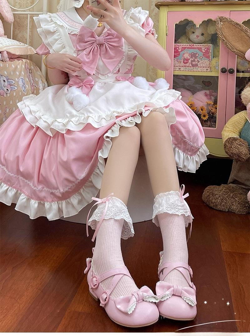 Hua Nai Cat - Sweet Cotton Lolita Socks Mid-Calf Socks with Lace and Bow