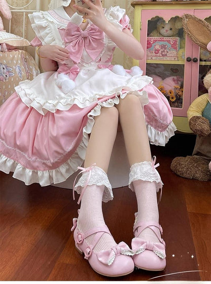 Hua Nai Cat - Sweet Cotton Lolita Socks Mid-Calf Socks with Lace and Bow