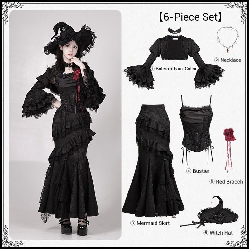 With PUJI - Letter and Poetry ﾂｷ Twilight - Black Gothic Lolita Skirt Set, Witch-Inspired