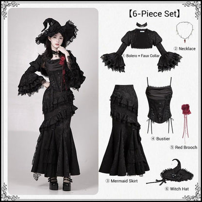 With PUJI - Letter and Poetry ﾂｷ Twilight - Black Gothic Lolita Skirt Set, Witch-Inspired