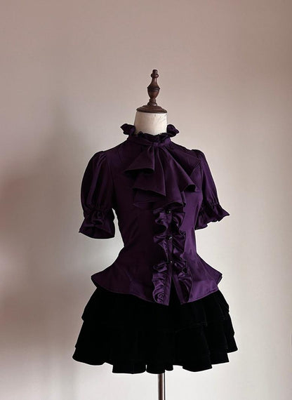 FlowerFairyDaily - Trace Night - Gothic Lolita Short-sleeved Shirt with Adjustable Waist