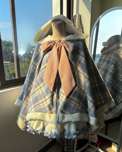 Qianmu - Waffle - Kawaii Lolita Cape Daily Lolita Plaid Hoodie Cloak