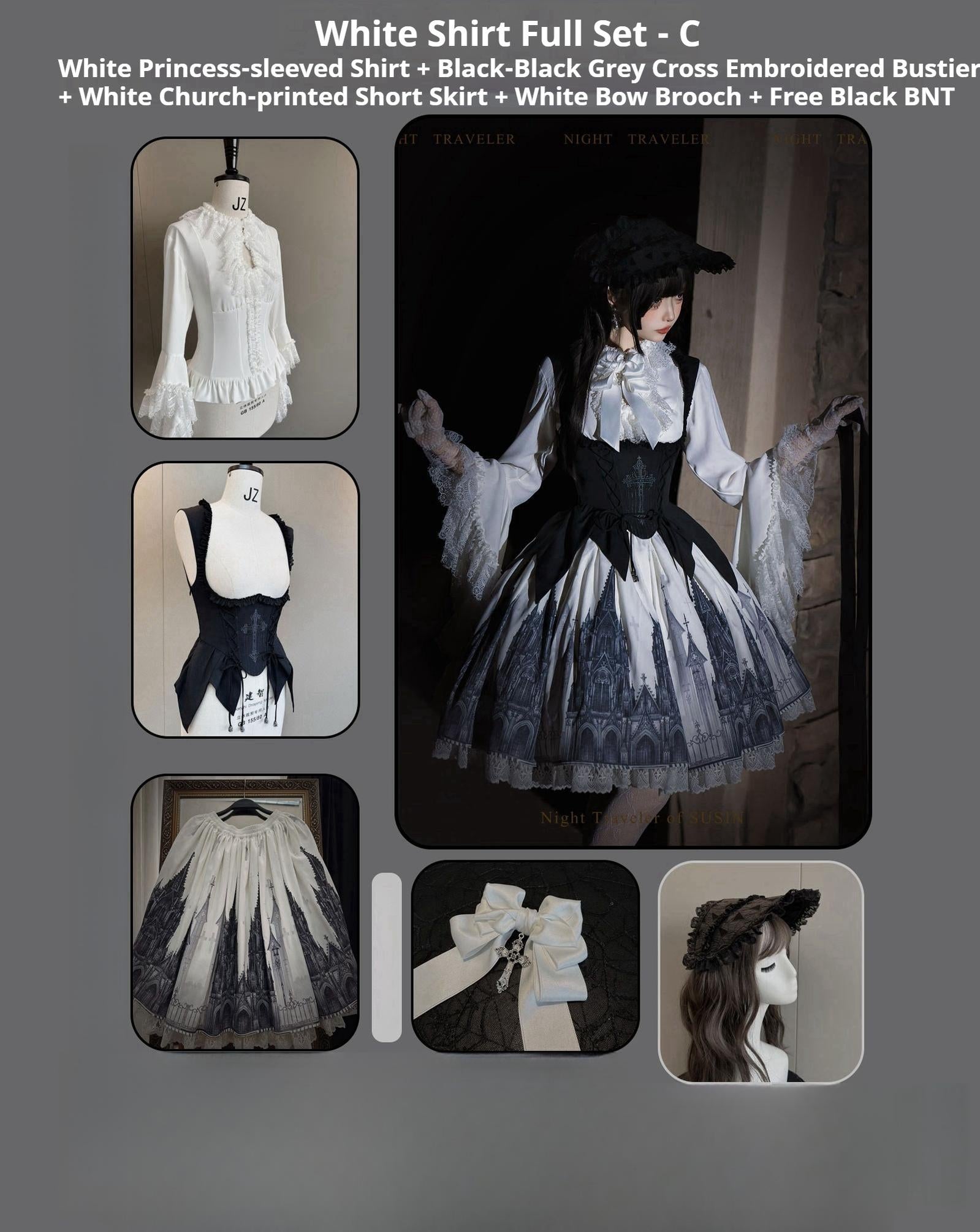 Susin Lolita - Night Traveler - Gothic Lolita Skirt Outfit Long Coat Shirt and Bustier Set