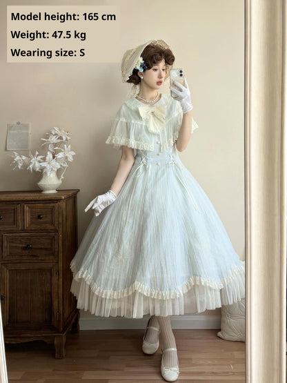 Kuma - Little Wind Chime - Elegant Lolita OP Water Blue Dress With Decorative Tulle Cape