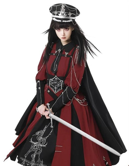 CHUNLV LOLITA - Crimson Knight - Military Lolita Dress Outfit Red OP Black Cloak Waistband