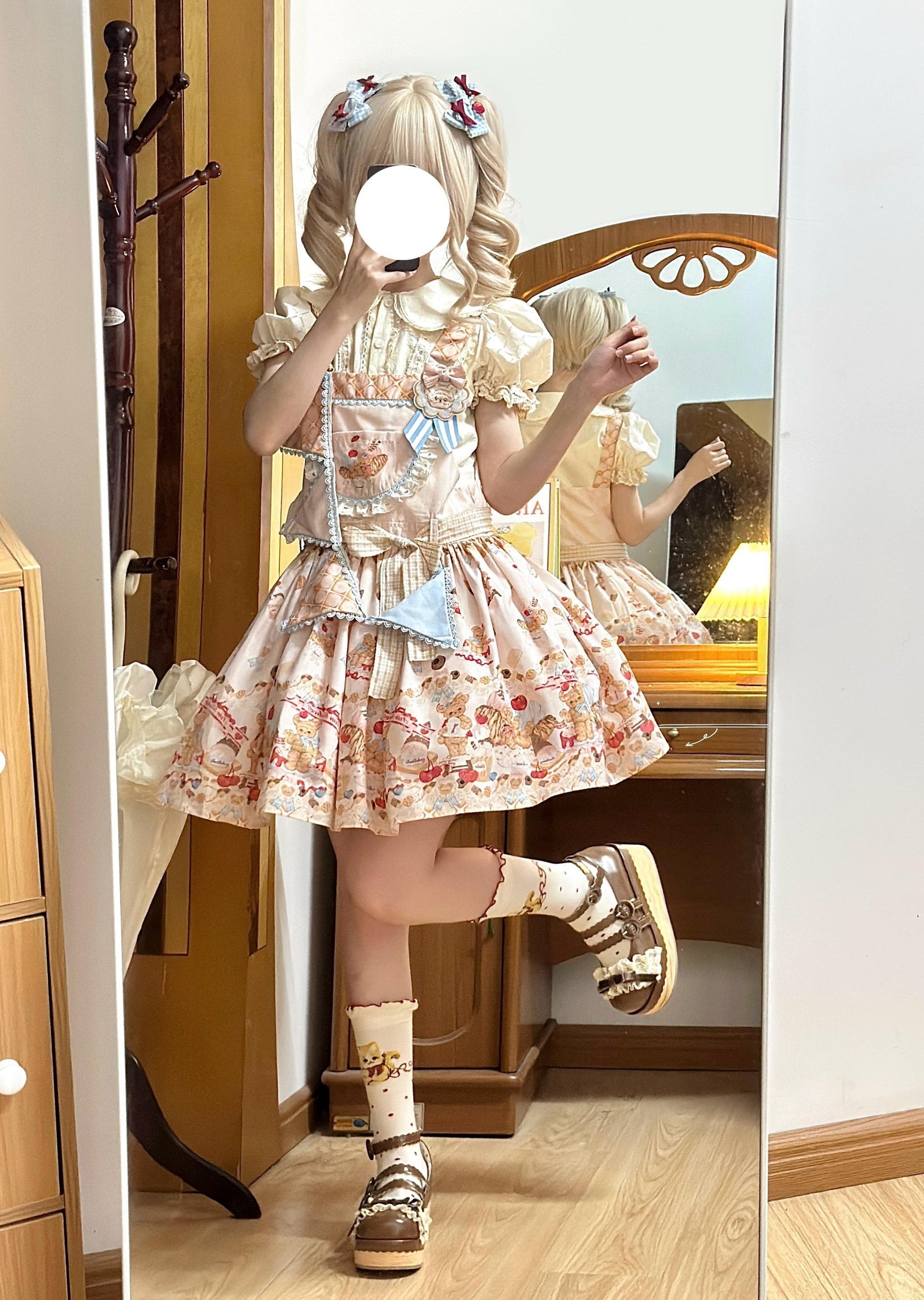 White Tea Story - Little Bear Bonny - Kawaii Lolita Salopette, Bear & Dessert Print