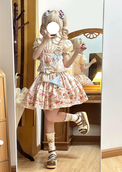 White Tea Story - Little Bear Bonny - Kawaii Lolita Salopette, Bear & Dessert Print
