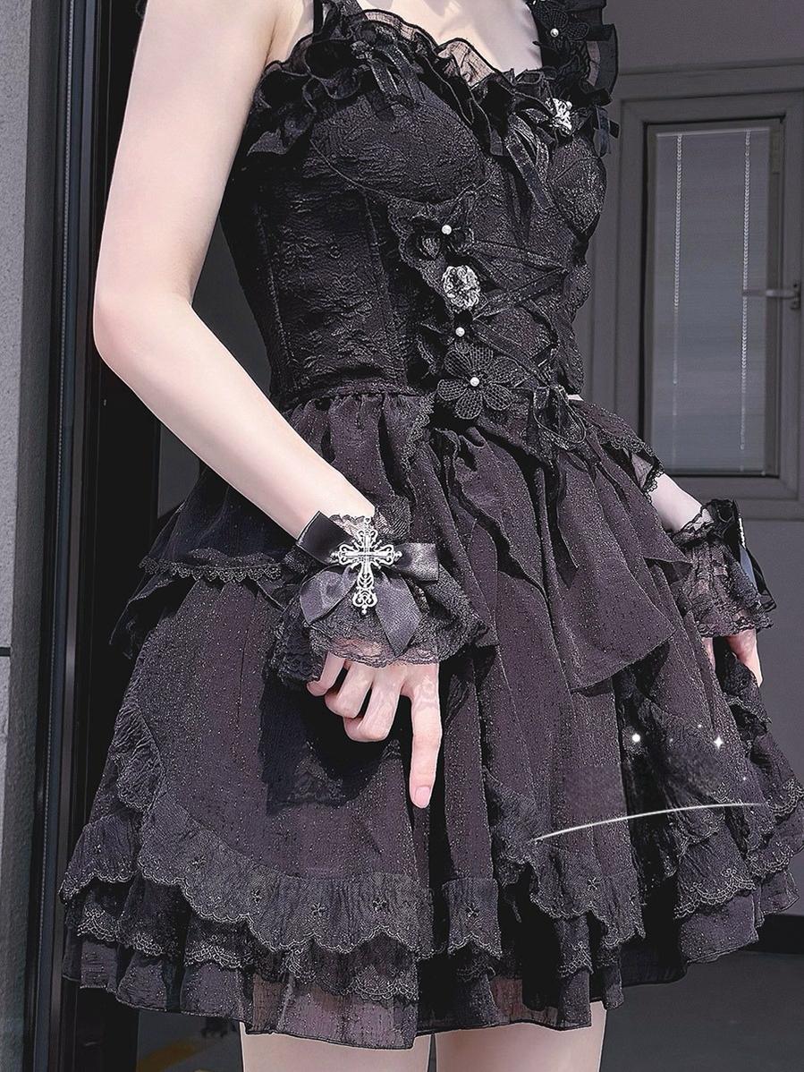 Hua Nai Cat - Gothic Lolita Cuffs with Cross Black and White Hand Sleeve