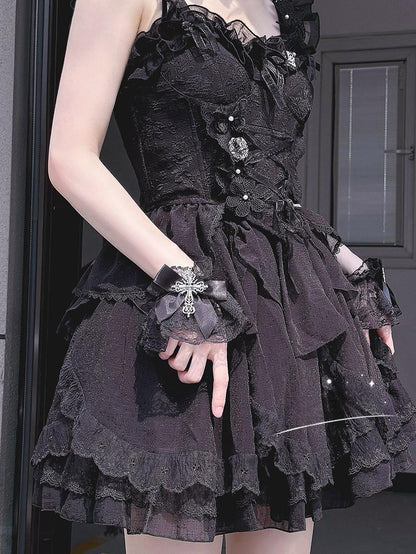 Hua Nai Cat - Gothic Lolita Cuffs with Cross Black and White Hand Sleeve