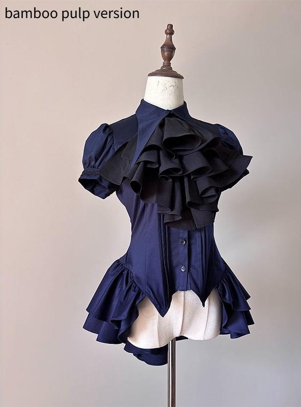 FlowerFairyDaily - Midnight Prayer - Solid Lolita Shirt with Flowing Tiered Back Hem