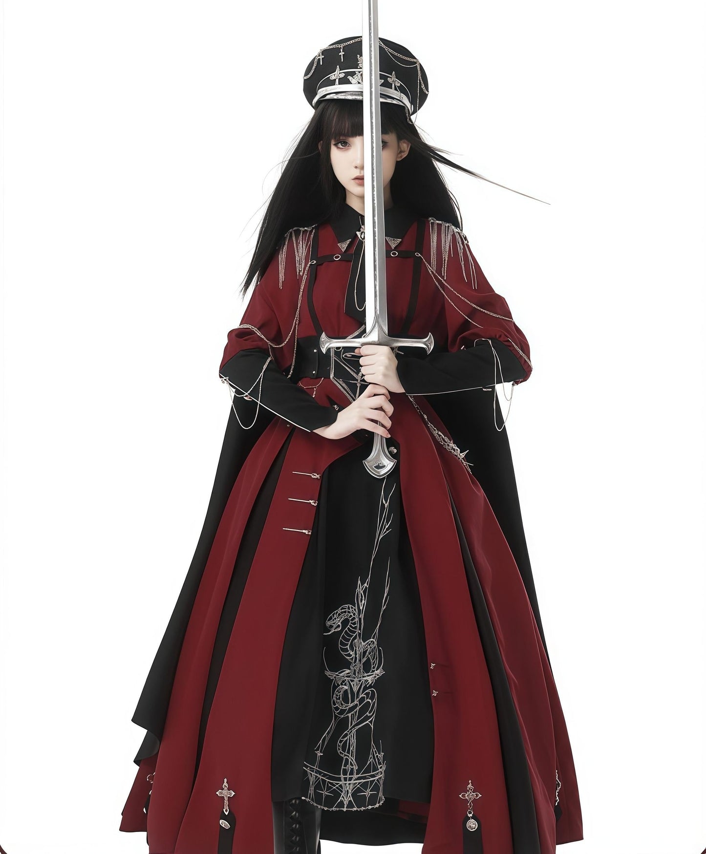 CHUNLV LOLITA - Crimson Knight - Military Lolita Dress Outfit Red OP Black Cloak Waistband