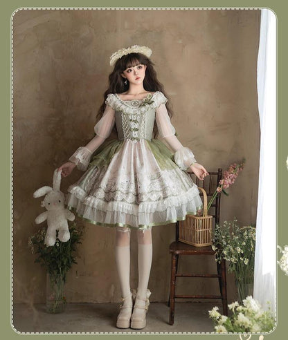 YingLuoFu - Teacup Bunny - Classic Lolita OP Dress, Fresh Green Floral Print