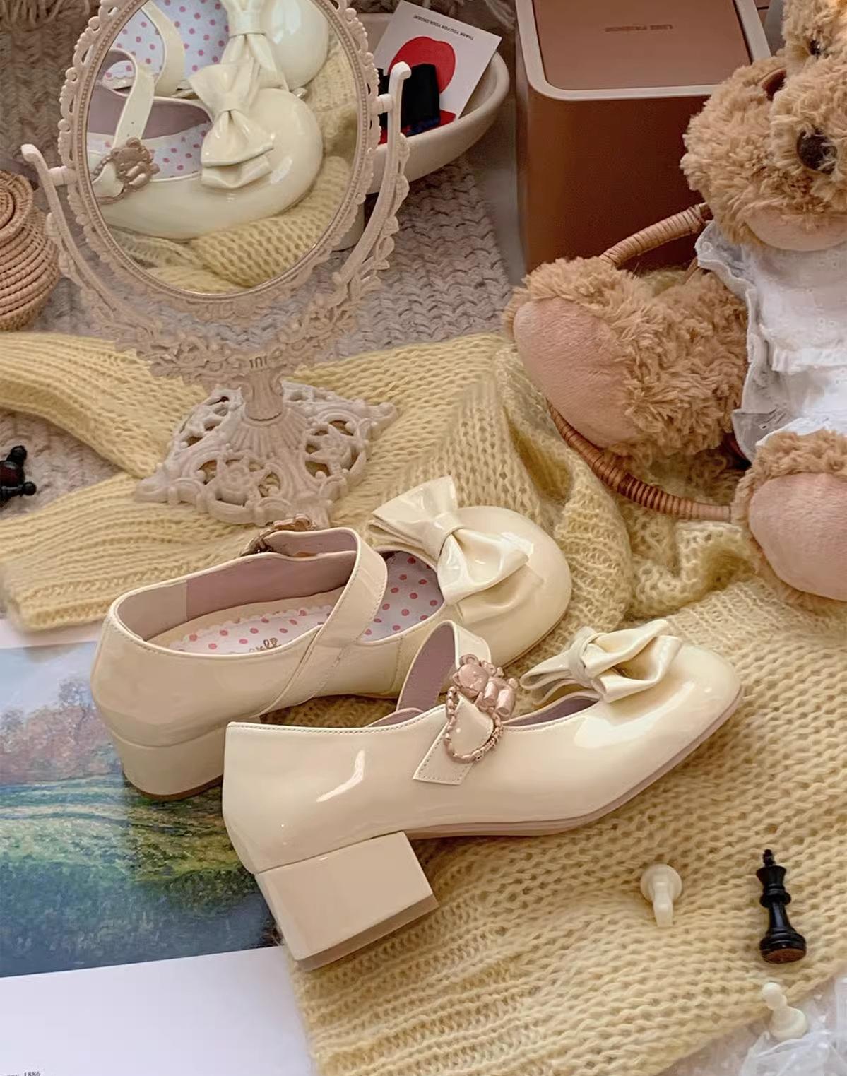 Sheep Puff - Hug Bear - Sweet Lolita Heel Shoes Bear Metal Buckle Bow Shoes