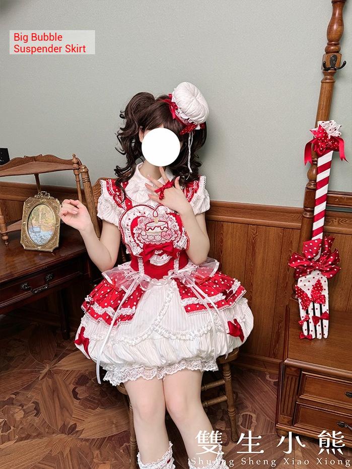 Shuang Sheng Xiao Xiong - Bite The Cake - Sweet Lolita Dress, Red & White Polka Dots