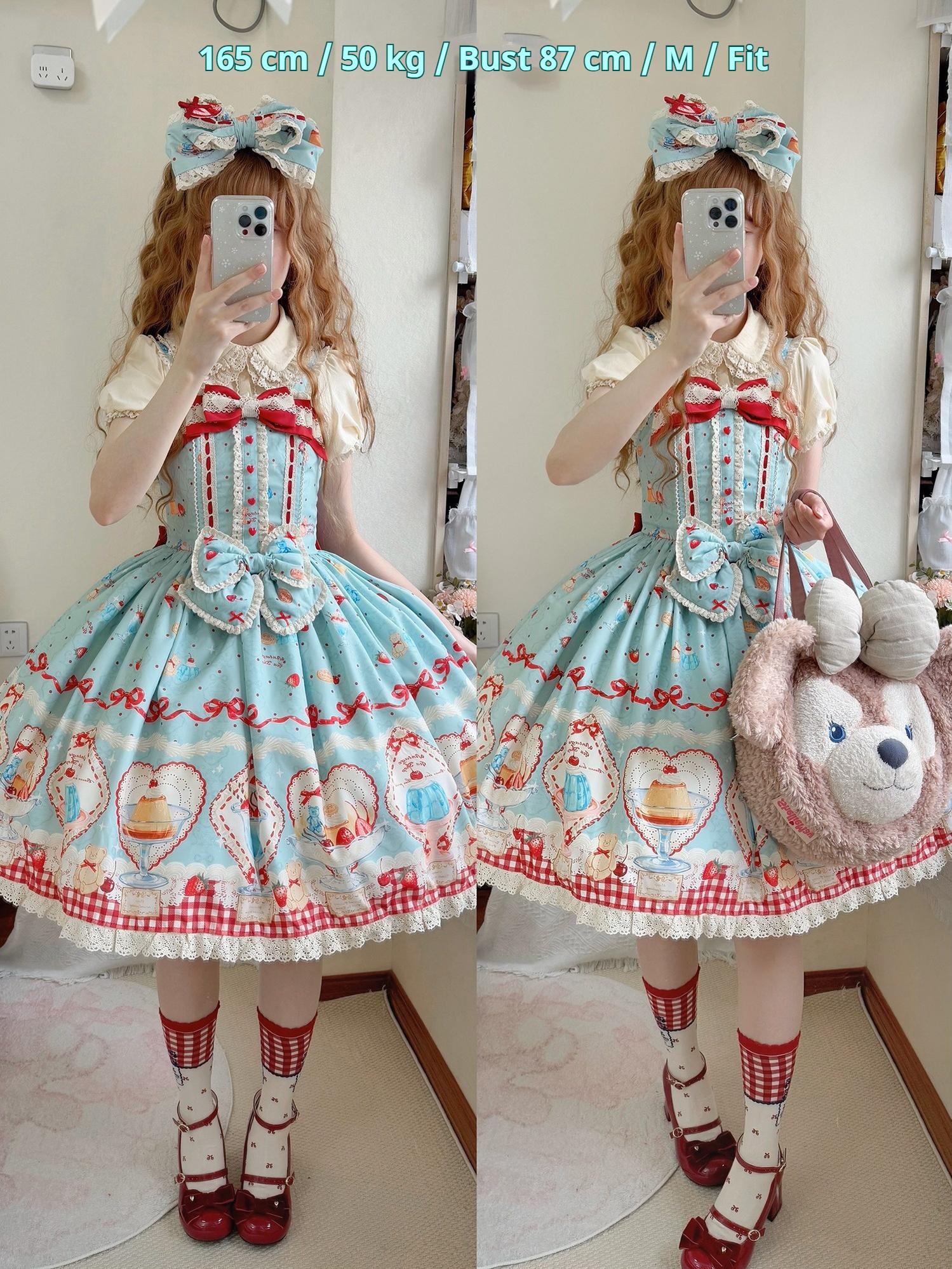 DreamWhale - Showa Dessert Showcase - Kawaii Lolita Dress Suit Pudding-Inspired JSK/Salopette