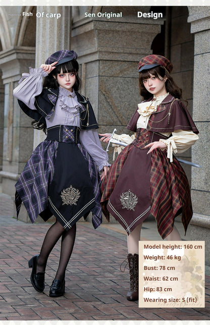 Forest Fluorescent Carps - Queen's Game - Military Lolita OP, Ouji Plaid Lolita Dress Set