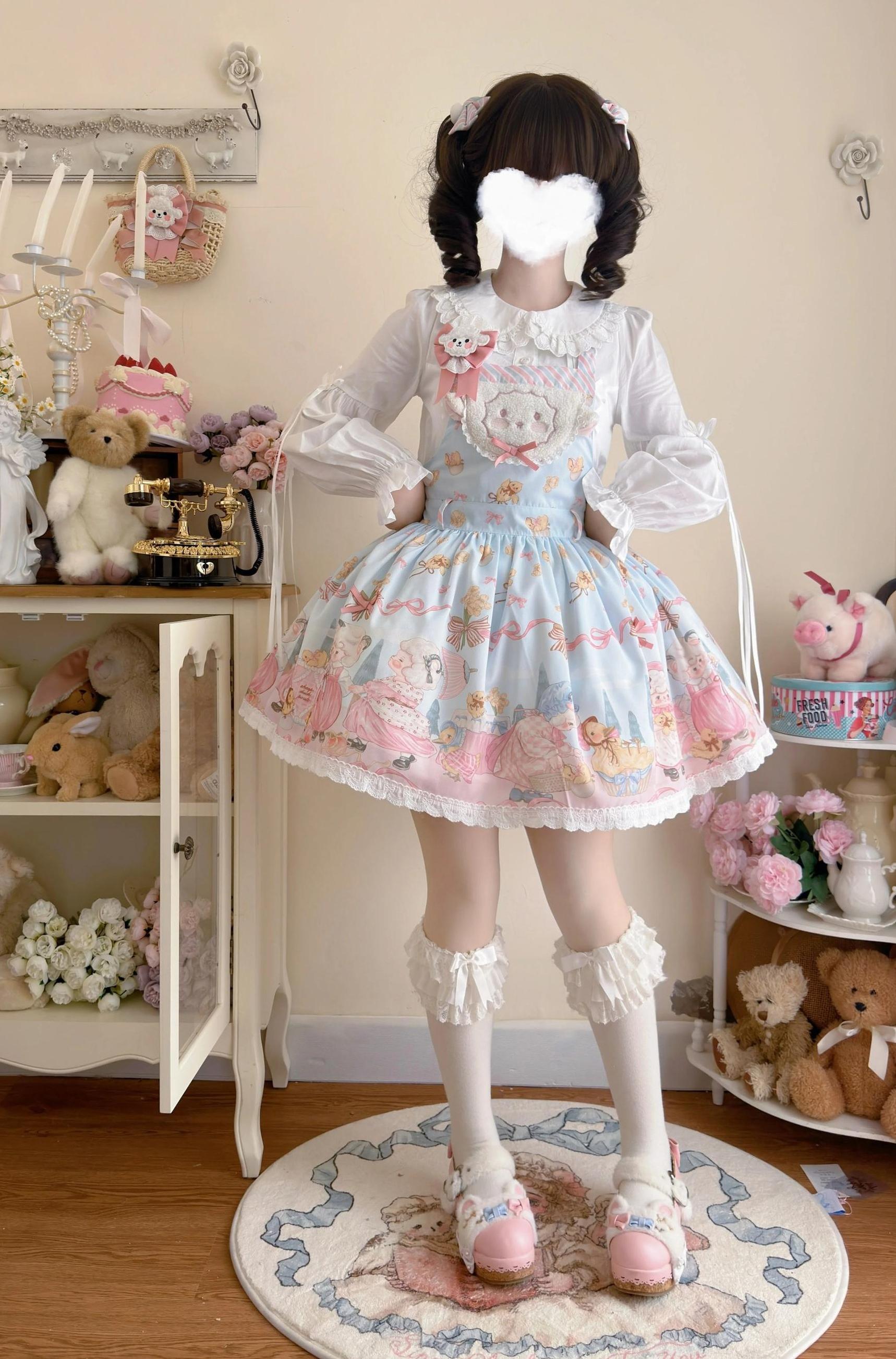 MeowMeow - Dance of the Lambs - Kawaii Lolita Salopette Dress With Cute Animal Prints