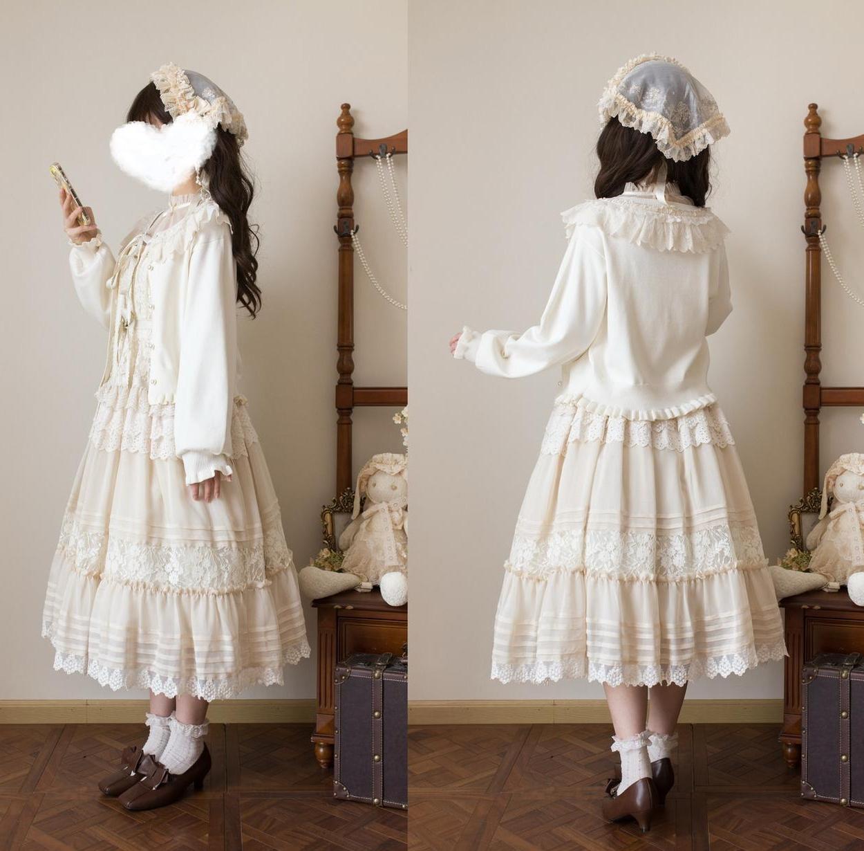 MIST - Graceful Dream - Retro Kawaii Lolita Sweater Cardigan, Ruffled Lace Neckline