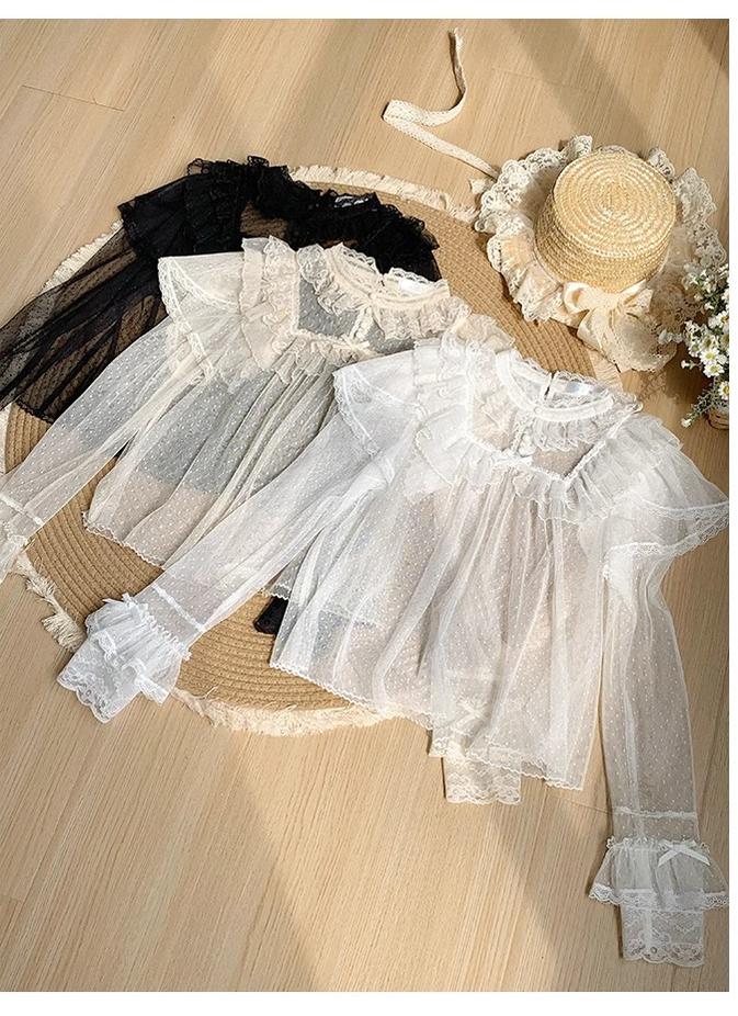 With PUJI - Letters and Poems - Summer Classic Lolita Shirt with Dotted Tulle and Long Sleeve