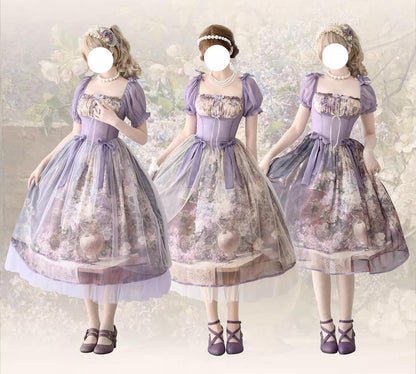 Cyan Lolita - Blooming Tree Shade - Elegant Lolita OP Oil Painting Print Bow Dress