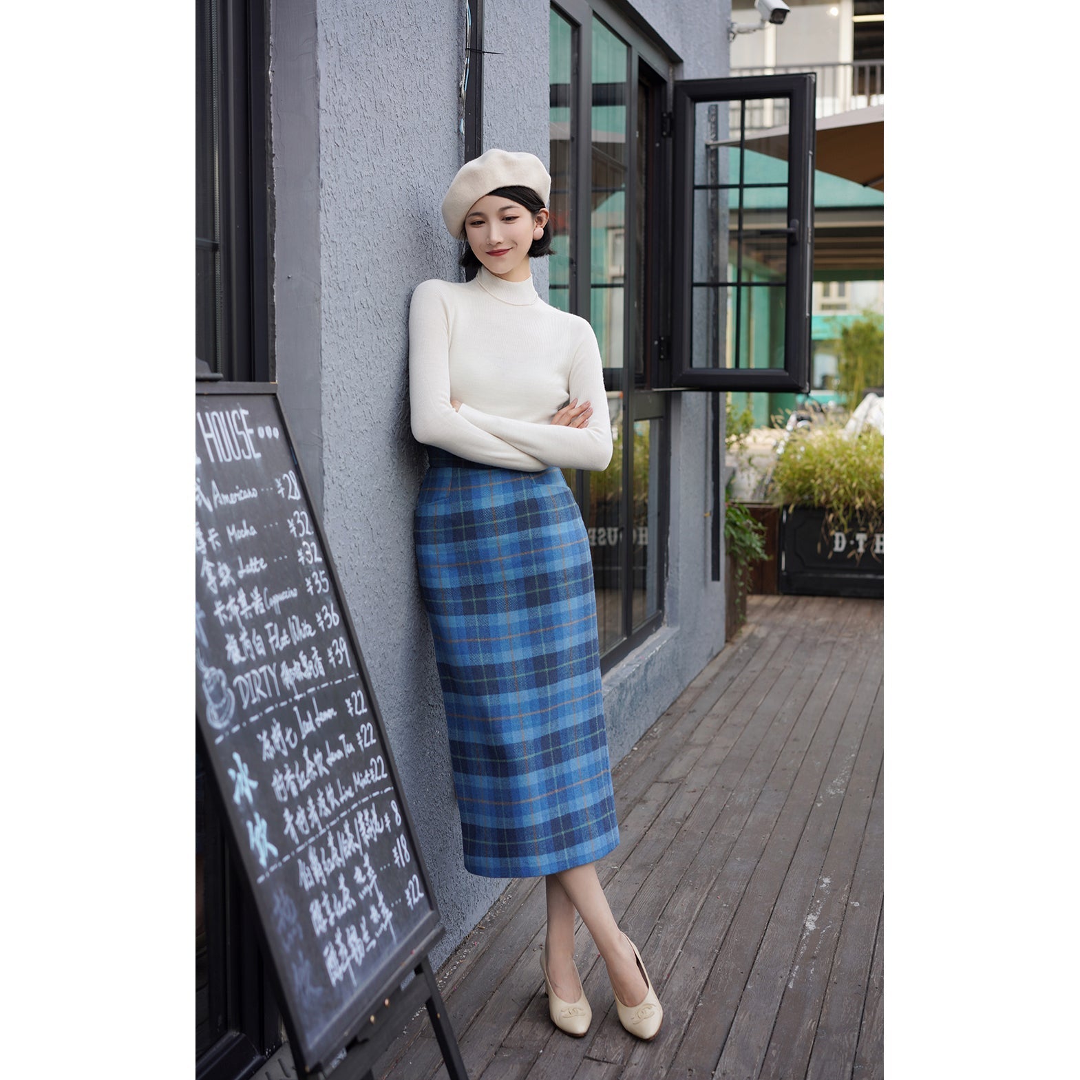 Blue indigo plaid wool tight skirt