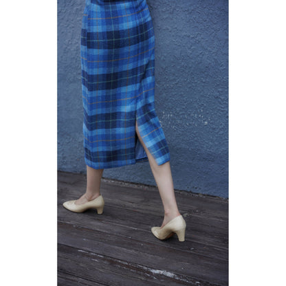 Blue indigo plaid wool tight skirt