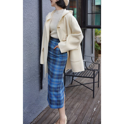 Blue indigo plaid wool tight skirt