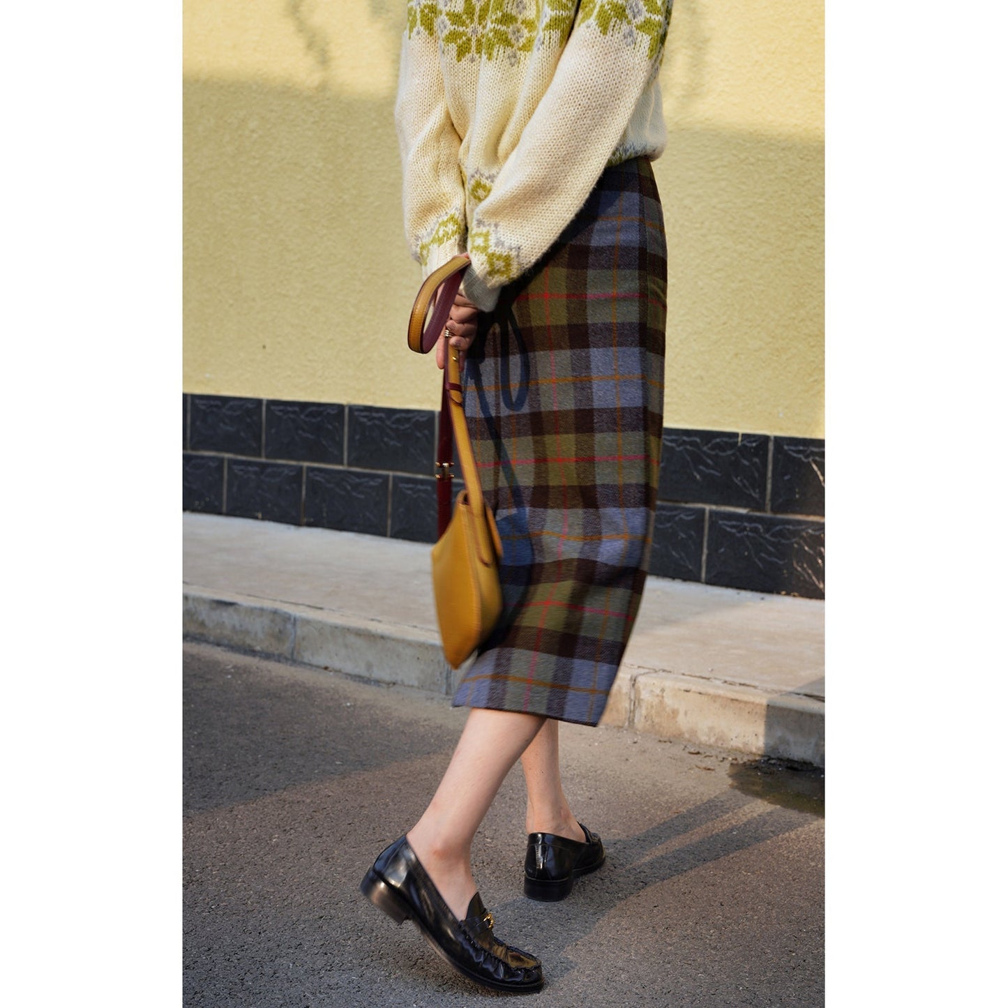 Ink green plaid wool tight skirt