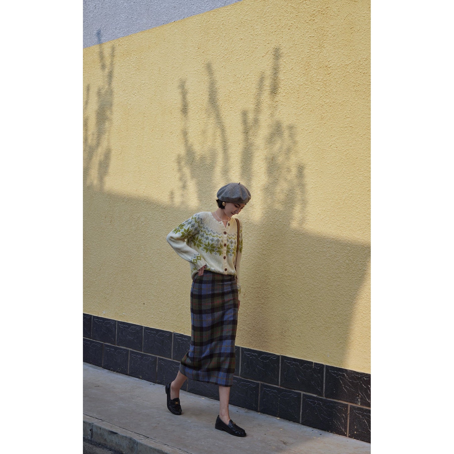 Ink green plaid wool tight skirt