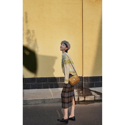 Ink green plaid wool tight skirt