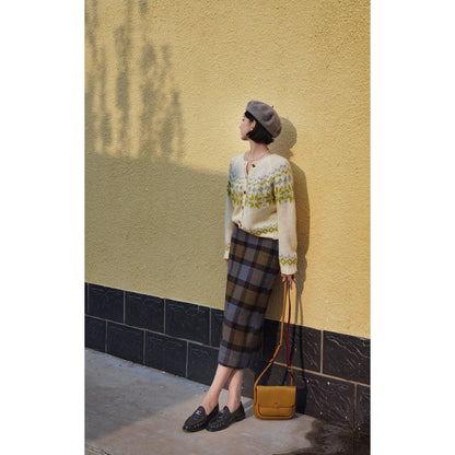 Ink green plaid wool tight skirt