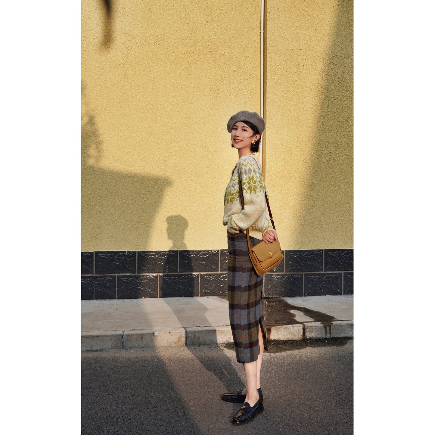 Ink green plaid wool tight skirt