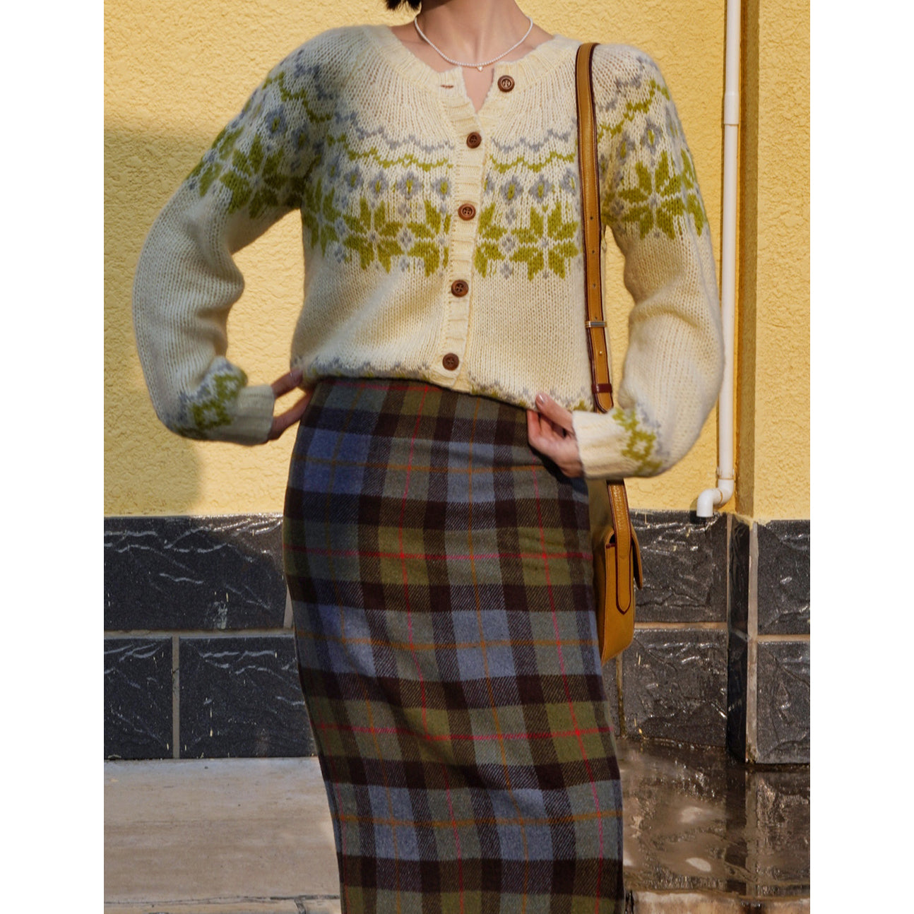 Ink green plaid wool tight skirt