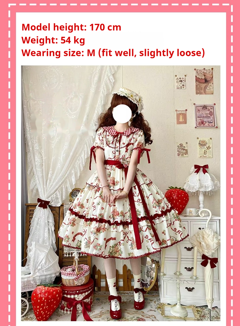 Qianmu - The Bear's Strawberry Field - Daily Lolita OP Dress With Petal Collar & Bear Strawberry Print