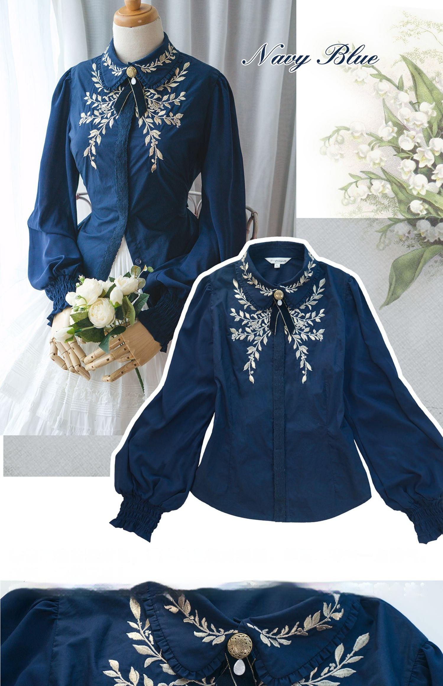 Surface Spell - Ship to Wonderland - Classic Lolita Shirt With Vine Embroidery/Brooch